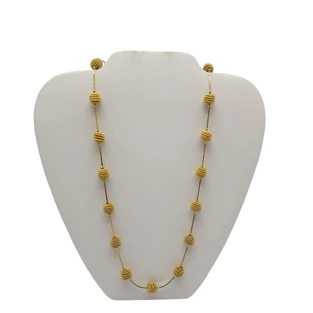 Textured Coiled Spiral Beads Station Chain Long Necklace Gold Tone Vintage